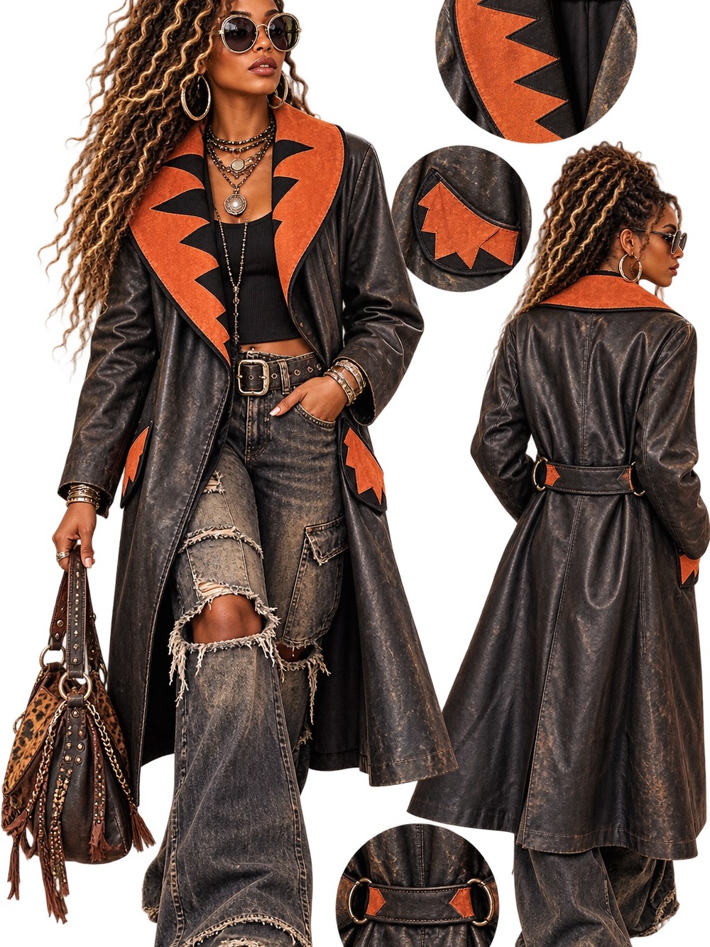Vintage Black Trench Coat with Rust-Orange Accents